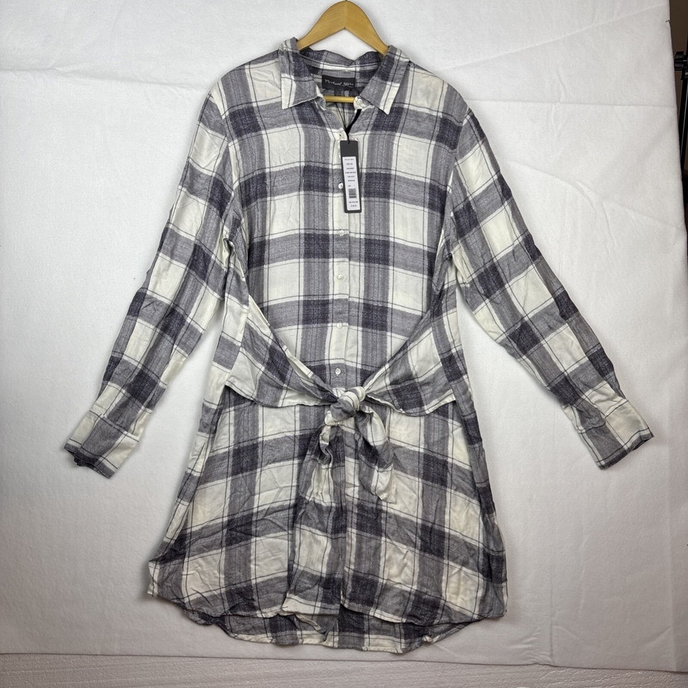 NWT Michael Stars Shirt Dress With Self Tie Long Sleeve Woven Plaid Size L Large